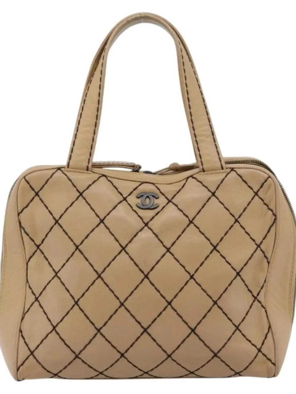 CHANEL Wild Stitch Tote Bag Leather Beige CC Auth 180632